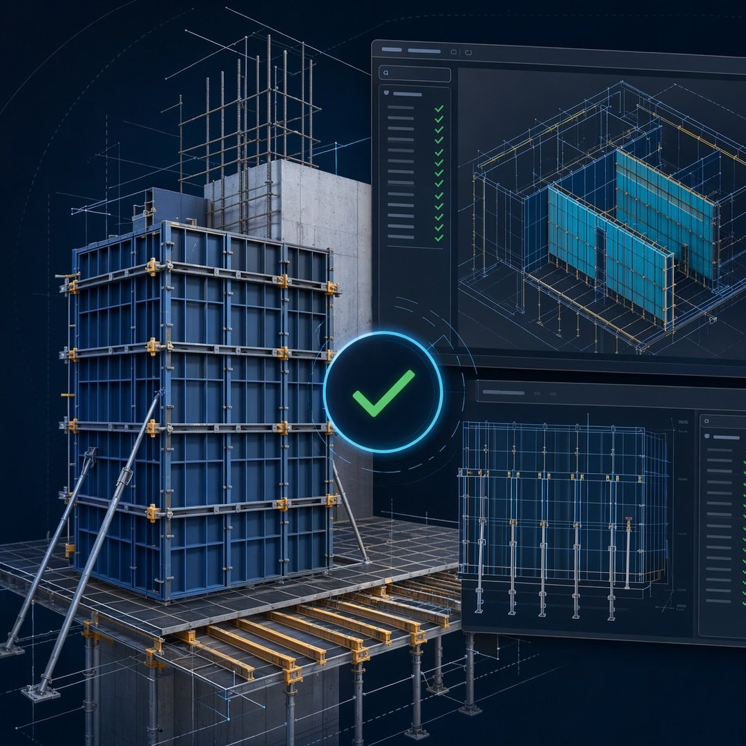 FIMSO formwork automation visual showing CAD layout checks and formwork panels