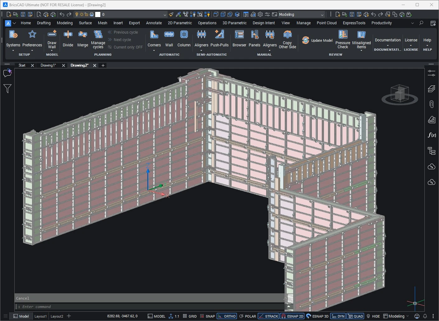 FIMSO wall-formwork model displayed inside BricsCAD